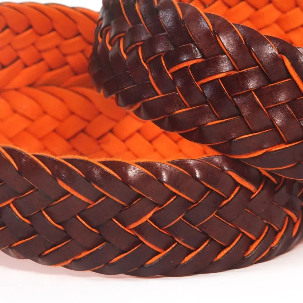 Barneys New York Mens Size 36 Woven Braided Leather Belt Brown Solid Brass Italy